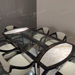Marble-End Dining Table with Dark Glossy Center and Woven Leather-Wrapped Legs